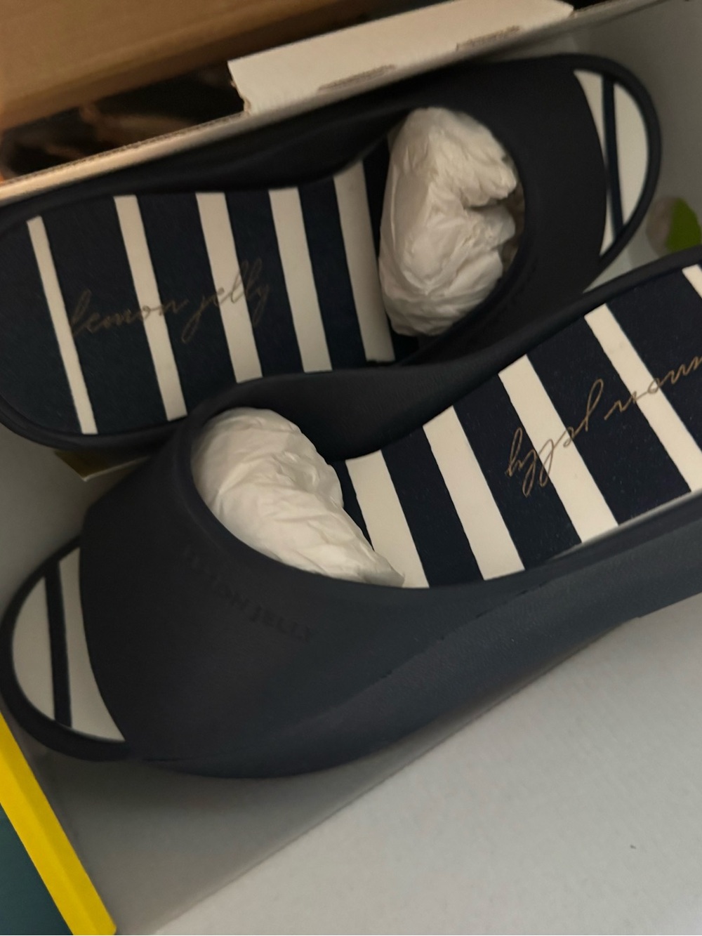 Lemon Jelly Women's Navy Slide Sandals - Striped Insole